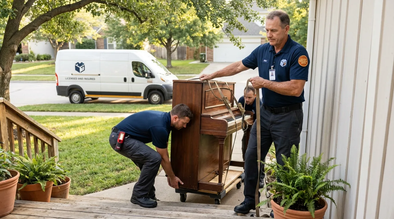 Licensed piano movers securing grand piano in Honea Path, SC