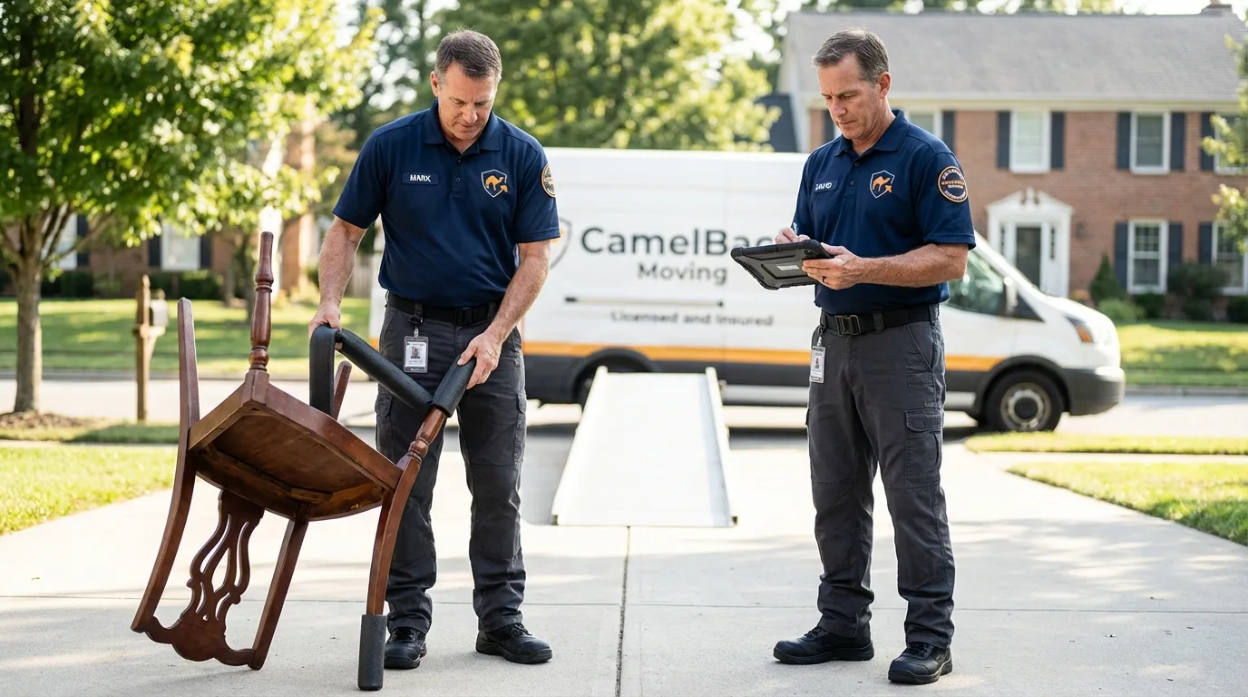 Movers inspecting furniture for damage prevention before loading in Honea Path, SC
